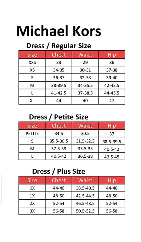 Michael Kors clothing size chart